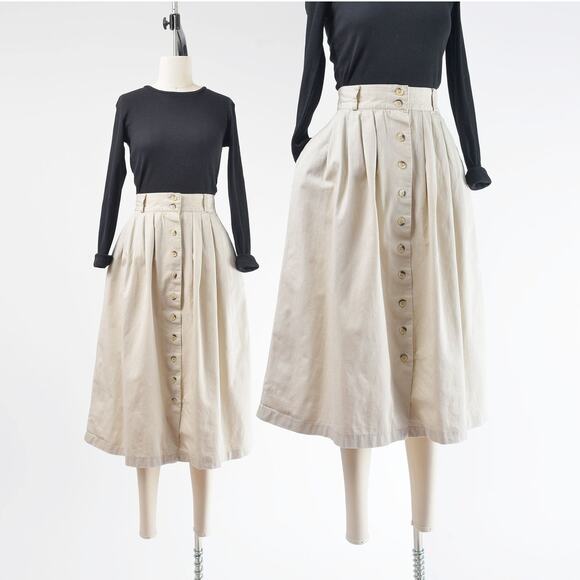 Vintage 90s Khaki Cotton Button Front Full Pleated Midi Skirt with Pockets S - Picture 1 of 7